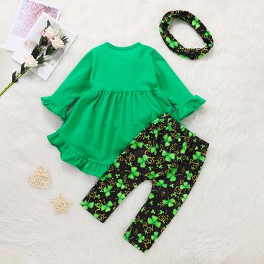 St. Patrick's Day Girls' Outfit – 3-Piece Green Tuxedo Dress + Clover Print Pants & Scarf Set (100-140cm, 3-8 Years)_voghion.com