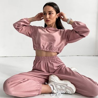 "Women's Long-Sleeve Crop Top & High-Waisted Jogger Set – Streetwear Lounge Pants In Pink/Black/Grey (S/M/L/XL)"_voghion.com