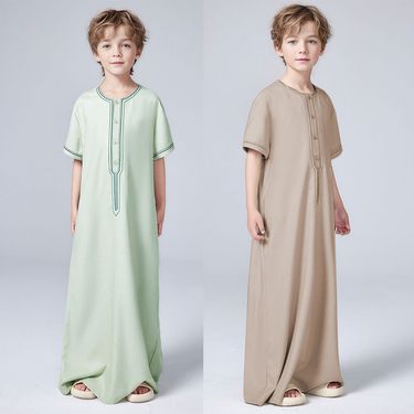 Mother & Kids Middle East Dubai Turkish Boys Embroidered Loose Robe Button Shirt Thobe MSL210_voghion.com