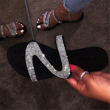Women's large size rhinestone sandals new Z-shaped summer flat leisure_voghion.com