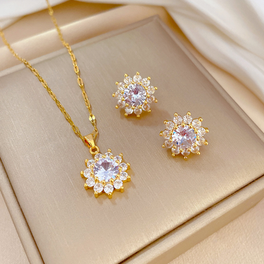Stainless Steel Jewelry Set Sun Flower Zircon Earrings Necklace New Trend Accessories for Women Party Gift_voghion.com