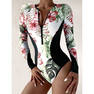 Women's Swimwear First Seen New Tight Slim Printed Sexy One-Piece Swimsuit Women's Foreign Trade Sports Long Sleeve Zipper Bikini_voghion.com