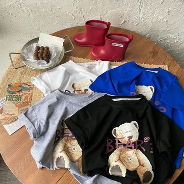 Mother & Kids Boys Korean version cartoon bear cotton T-shirt summer new solid color cool short t children's loose bottoming shirt short sleeve trend_voghion.com