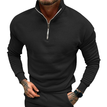Men's casual plush solid color long sleeved half zippered standing collar fleece hoodie without a hat for autumn and_voghion.com