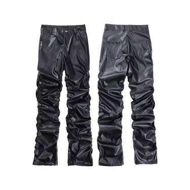 Men's Clothing Street Pleated Stacked Design Pu Leather Pants Men's Hiphop High Street Casual Slim Straight_voghion.com
