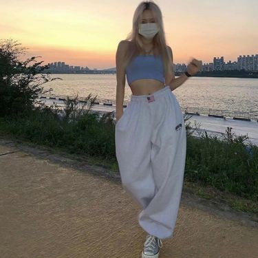 Women's Clothing Retro Light Flower Gray Pants Trend Loose Wide Leg Straight Casual Sports Sweatpants_voghion.com