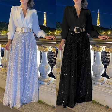 Women's clothing fashionable V-neck long-sleeved shirts with elegant waist and slimming sequined wide-leg pants without belt_viptrois.com