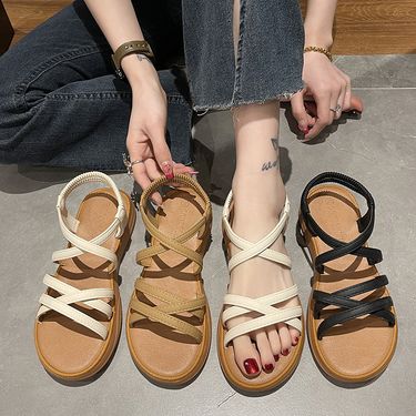 Upgraded New Roman Flat Bottom Elastic Soft Sole Summer Women's Cross Strap Outside Sandals_voghion.com