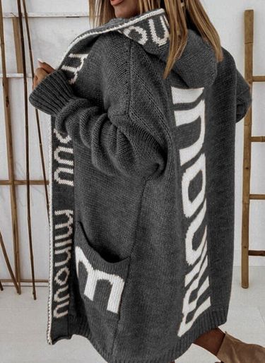 2023 autumn and winter New long cardigan foreign trade hooded letters sweater women's European and American sweater knitted coat_voghion.com