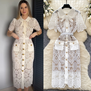 Women's Clothing Water Soluble Lace Short Sleeved Dress With Hollow Hook Flower Butterfly Collar And Suspenders_voghion.com