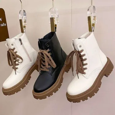 HZCL New Women's Autumn Single British-style Leather Platform Booties With Winter Fleece Warm White Boots_voghion.com