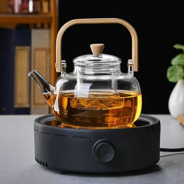 BambooZen Glass Teapot - Thickened Borosilicate With Wooden Handle (1.2L, Stovetop Safe, High-Temperature Resistant)_voghion.com