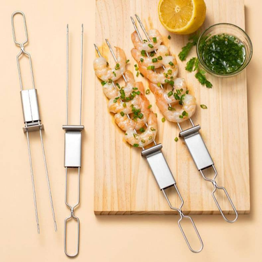 4-Piece Stainless Steel Semi-Automatic Double-Head BBQ Fork - Portable Outdoor Grilling Tool & Skewers for BBQ Meat Cooking_voghion.com