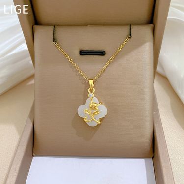 Steel 【 Titanium 】 Four Leaf Flower Rose Micro Inlaid With Diamonds Light Luxury Cute Necklace Women's Fashion 【 】_voghion.com