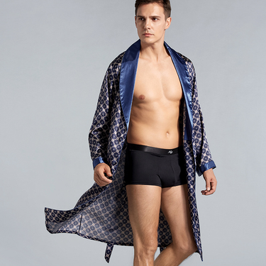 Cross-border men's single silk robe summer thin imitation silk long-sleeved pajamas plus size bathrobe P801_voghion.com