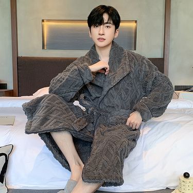 Men's Nightgown Coral Fleece Thickened Fleece Thermal Dressing Gown Boys Pajamas Loungewear Bathrobe_voghion.com