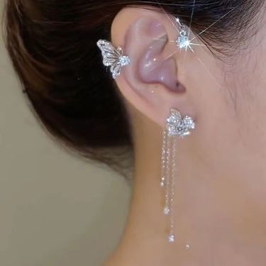 New Simple Fashion Super Shiny Diamond-Encrusted Butterfly Flower Women's Non-Pierced Tassel Ear Hooks Wholesale_voghion.com