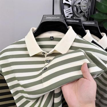 Summer New Men's Striped Short Sleeve Shirt Turn-Down Collar Loose Plus Size Versatile Top Men 2025 Royal Blue Trendy_voghion.com