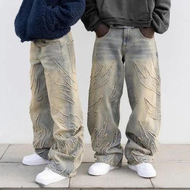 Men's Clothing Retro Flame Stitching Wide Leg Jeans Y2k Hip Hop Punk Raw Edge Embroidery Jeans_voghion.com