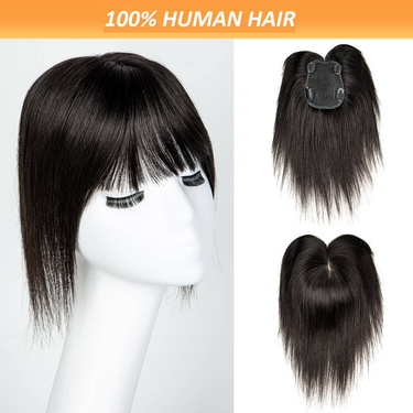 Human Hair Topper 8x12cm Straight One Piece Clip in Head Top Closure With Thick Blunt Bangs_voghion.com
