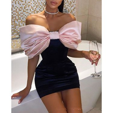 New spring European and American women's one shoulder bow tight dress birthday party small dress_voghion.com