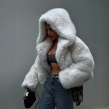 "Elegant Hooded Faux Fur Jacket For Women, Short Plush Coat With Button Detail, Winter & Fall Soft Outerwear_voghion.com