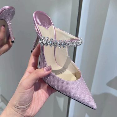 Pointed High Heels Women's Thin Heels Spring And Autumn New Purple And Pink One-word Rhinestone Chain Bag Head Sandals_voghion.com