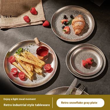 Vintage-Style Stainless Steel Tray Set – Elegant Round Plates For Coffee, Desserts & Dining (Matte Finish, Microwave Safe)_voghion.com