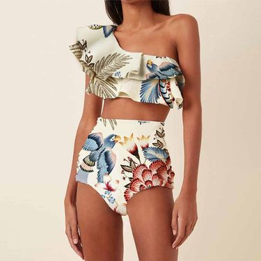 Women's Clothing New Bikini One Shoulder Ruffle Tight Toucan Split Swimsuit And Wrap Skirt Set_voghion.com