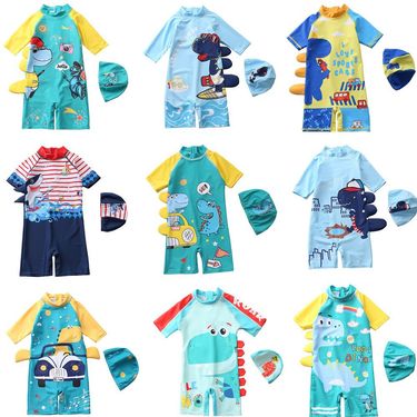 Children's Swimsuit Boy One Piece Dinosaur Hooded Swimsuit Long Sleeved Beach Sunscreen Baby Hot Spring Swimsuit_voghion.com