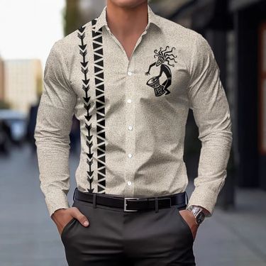 Men's Long Sleeved Shirt Cross Border Popular Ethnic Style Element Design Spring And Autumn Casual Shirt 2025 New Style_voghion.com