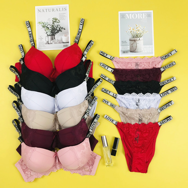 Women's Sexy Lace Bra Letter Straps Comfortable Push Up Adjustable Bra Panty Set_voghion.com