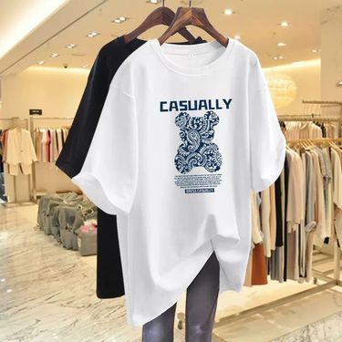 Women's clothing Dark green loose cartoon bear short-sleeved T-shirt for women spring and summer new trendy brand large version long top_voghion.com