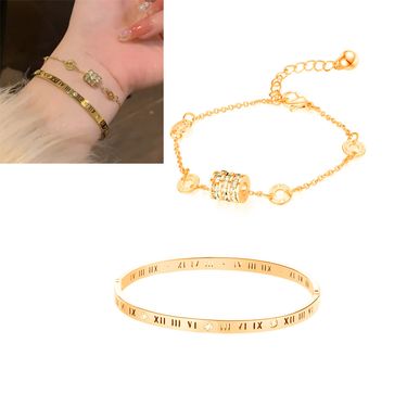 2PCS Titanium Steel Roman Numerals Bracelet Set Exquisite Carved Diamond Chain Breacelet Suitable For Women To Wear Daily Banquet_viptrois.com