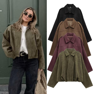 Autumn Winter Women's Bomber Jacket With Batwing Sleeves, Zipper Closure, Loose Fit, Suede Texture, Casual Outerwear – S/M/L_voghion.com