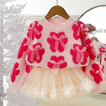 Girls Korean Version 2025 Autumn And Winter New Sweater Girls Knitted Sweater Mesh Tulle Skirt Bear Bow Top_voghion.com