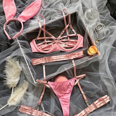 Women's Intimates New Breast Revealing Outfit Sexy Hollow Bunny Girl Role Playing Erotic Lingerie Set 5 Piece Set_voghion.com