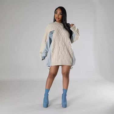 Women's Clothing Temperament Oversized Knit Sweater With Color-Block Detail & Drawstring Tie Casual Boho Chic Pullover Women's Fall Winter Fashion_voghion.com