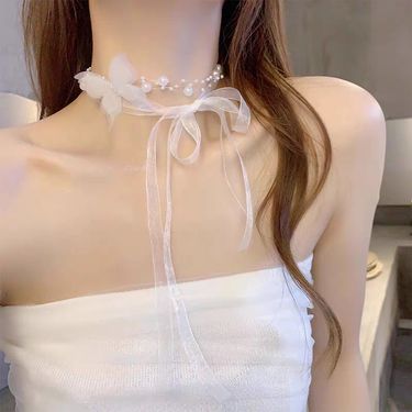 Temperament And Elegance Butterfly Pearl Ribbon Necklace Female Niche High End Clavicle Chain 2024 New Fairy Beauty Versatile Necklace_voghion.com