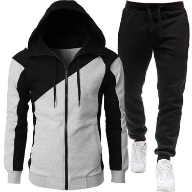 Autumn and winter foreign trade sports two-color splicing coat long men plus fleece thick sports suit two-piece set_voghion.com
