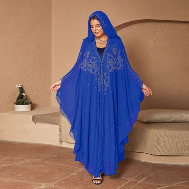 Women's Muslim perm diamond beaded high density chiffon robe plus size women's dress_voghion.com