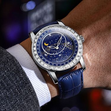 Men's Luxury Stainless Steel Quartz Watch With Rotating Starry Sky Dial, Diamond Accents, Waterproof & Luminous For Business & Casual Wear_voghion.com