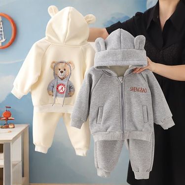 New Velvet Hat Casual Set for Boys Girls, Baby, Stylish Autumn and Winter Cartoon Hoodie, Two Piece Set, Thickened_voghion.com