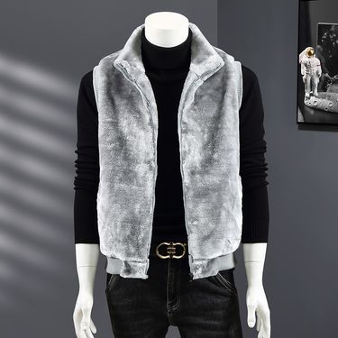 Men's Fashionable Faux Fur Vest, Winter Warm Fleece Gilet With Stand Collar, Lightweight Luxury Outerwear, Casual Plush Jacket For Urban Style_voghion.com