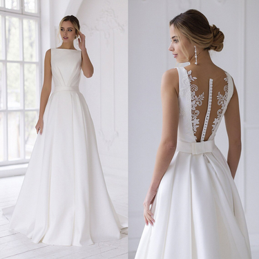 Women's satin small tail hollow transparent back slimming A-shaped small tail wedding dress outdoor photo wedding_voghion.com