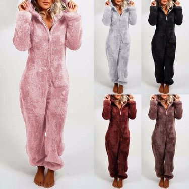 Women's Clothing autumn and winter women's clothing plus velvet thickened fur jumpsuit home hooded pajamas_viptrois.com
