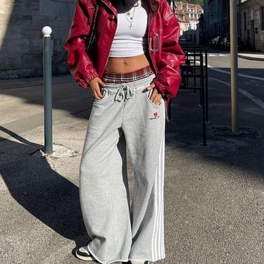 Women's Clothing Retro College Style Sports Leisure Loose Men And Women Double Waist Two Piece Sweatpants_voghion.com
