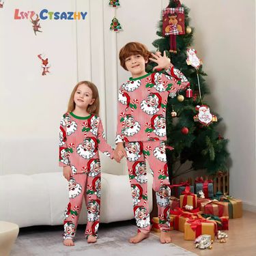 Flame Retardant Fabric New Christmas Children's Clothing, Two Piece Sets, Santa Claus Head Print And Full Flower Home Clothes_voghion.com