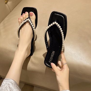 Fashion Pearl Flip-flops Women's Outdoor Wear Explosion Flat With Skirt All-match Sanya Beach Shoes_voghion.com