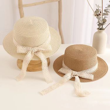 Hot Sale RICYGVM Lace Bow Parent-Child Straw Hat Solid Color Large Brim Fisherman Cap Adult Kids Sun Visors Travel Beach Sunshade_voghion.com